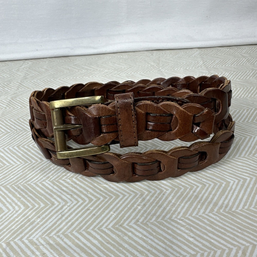 Looped Genuine Leather Belt Womens Med Braided Brown (36.5 Inches) Brass Buckle